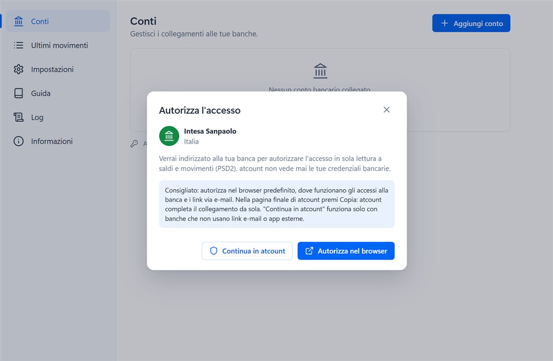Autorizzazione dell'accesso al conto in @count tramite browser