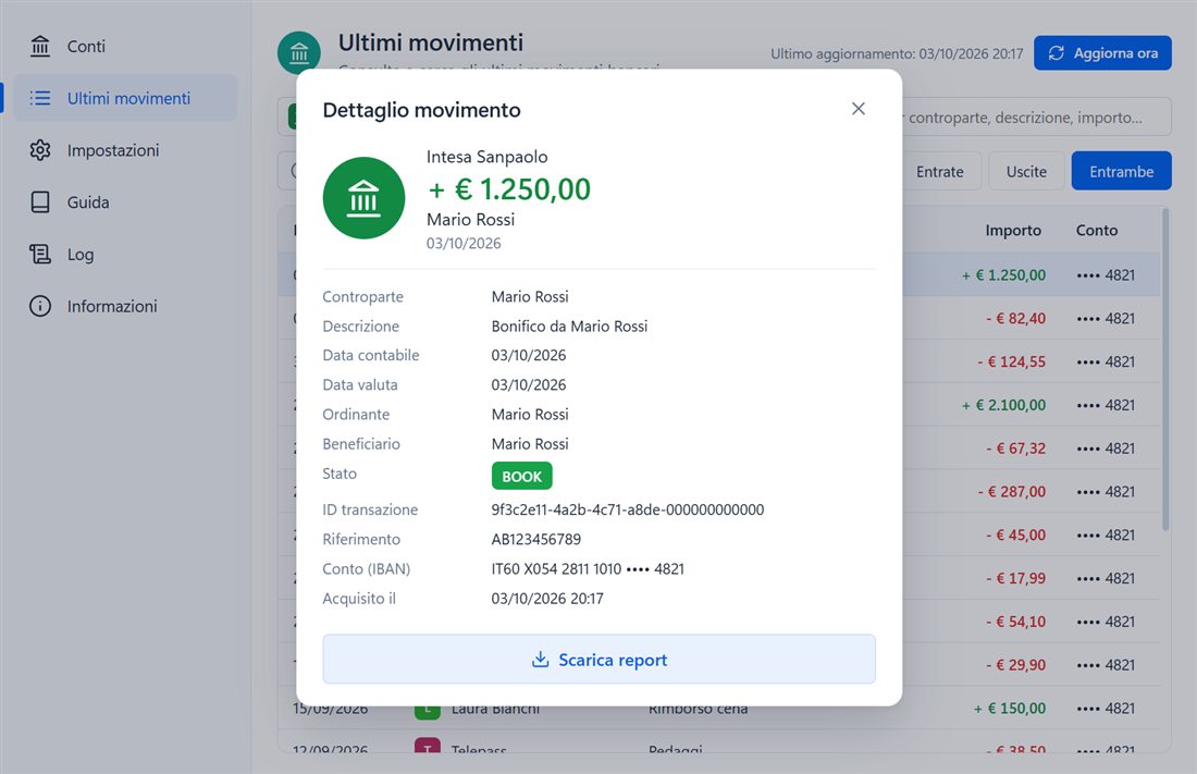 Dettaglio di un movimento bancario in @count con il pulsante Scarica report