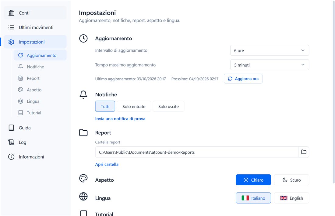 Impostazioni di @count: aggiornamento, notifiche, report, aspetto e lingua