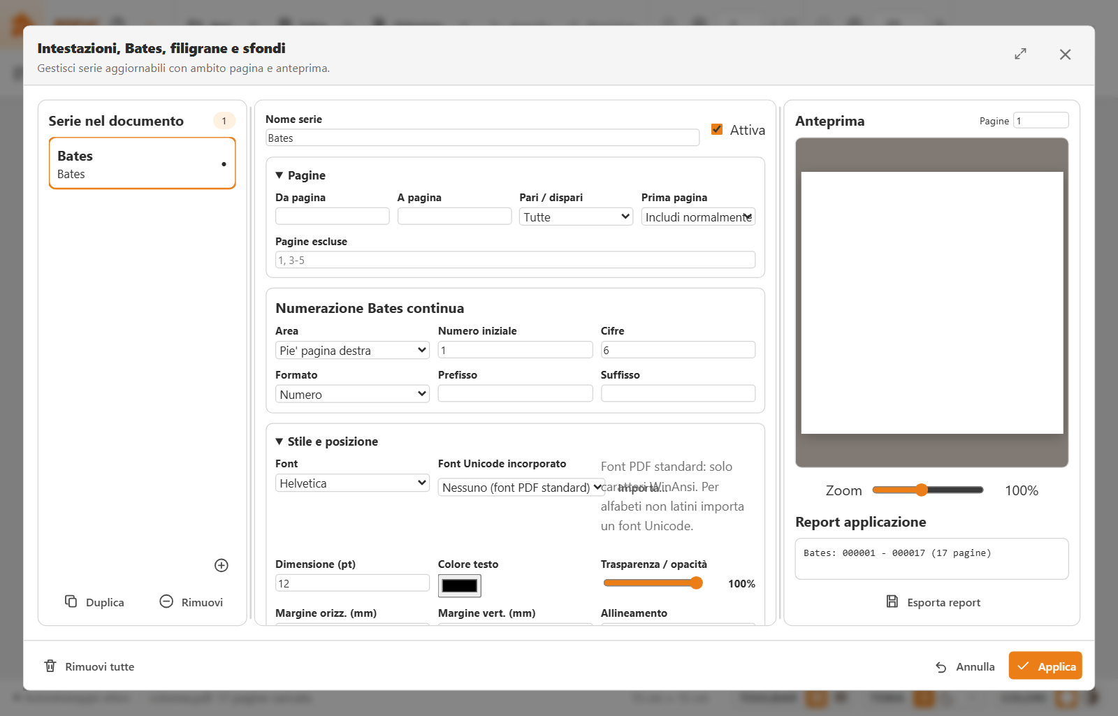 Stamper and progressive Bates numbering dialog in PDF-VC